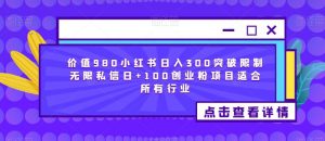 价值980小红书日入300突破限制无限私信日+100创业粉项目适合所有行业-新手副业项目