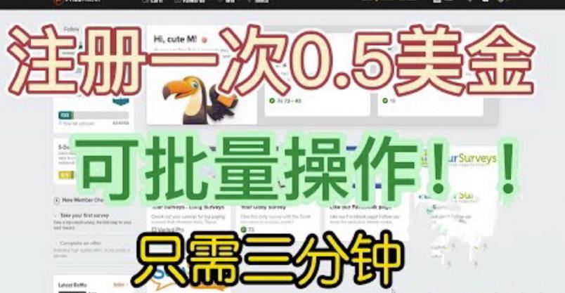 国外项目注册一次0.5美金，只需三分钟无脑操作，可批量同时放大操作，小白工作室福利【揭秘】-新手副业项目