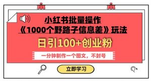 小红书批量操作《1000个野路子信息差》玩法,一分钟制作一个图文,不封号,日引100+创业粉-新手副业项目
