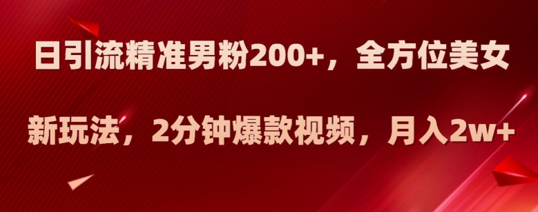 日引流精准男粉200+，全方位美女新玩法，2分钟爆款视频，月入2w+【揭秘】-新手副业项目