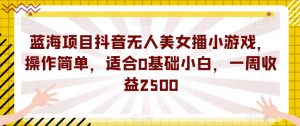 蓝海项目抖音无人美女播小游戏，操作简单，适合0基础小白，一周收益2500【揭秘】-新手副业项目