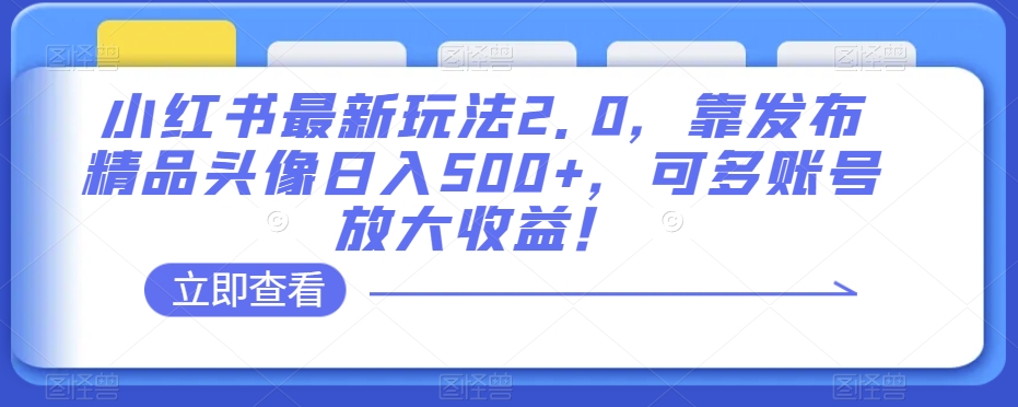 小红书最新玩法2.0，靠发布精品头像日入500+，可多账号放大收益！【揭秘】-新手副业项目