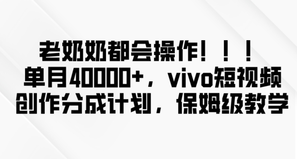 老奶奶都会操作,新平台无脑操作,单月40000+,vivo短视频创作分成计划【揭秘】-新手副业项目