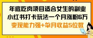 年底吃肉项目适合女生的副业小红书打卡玩法一个月涨粉6万+变现能力强+单月收益5位数【揭秘】-新手副业项目