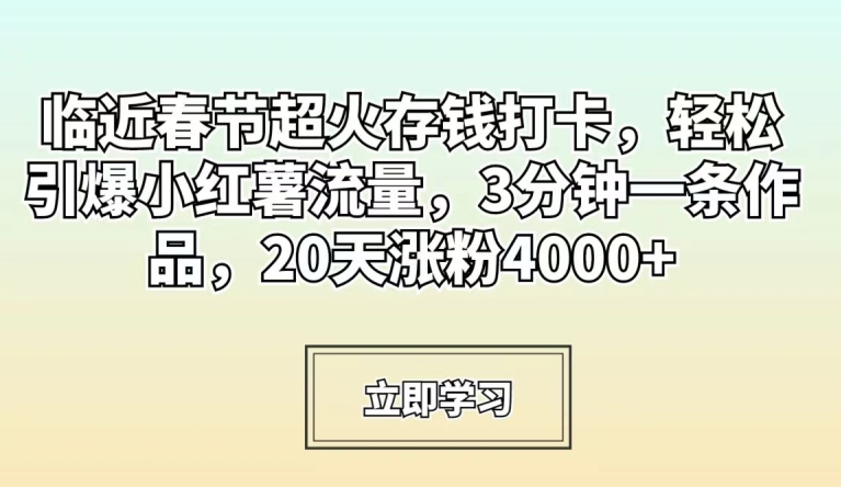 临近春节超火存钱打卡，轻松引爆小红薯流量，3分钟一条作品，20天涨粉4000+【揭秘】-新手副业项目