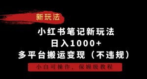 小红书笔记新玩法，日入1000+，多平台搬运变现（不违规），小白可操作，保姆级教程【揭秘】-新手副业项目