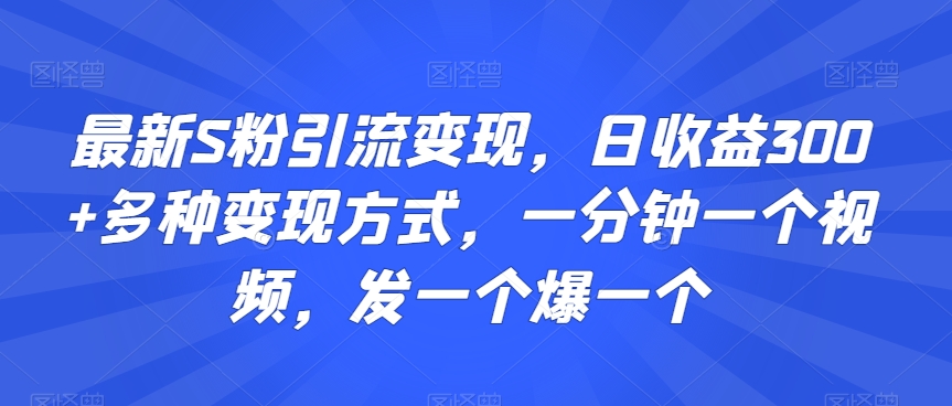 最新S粉引流变现，日收益300+多种变现方式，一分钟一个视频，发一个爆一个【揭秘】-新手副业项目