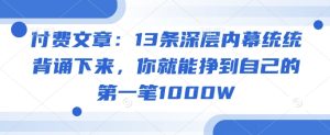 付费文章:13条深层内幕统统背诵下来,你就能挣到自己的第一笔1000W-新手副业项目