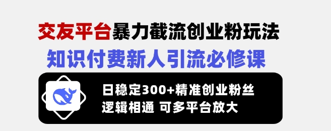 交友平台暴力截流创业粉玩法，知识付费新人引流必修课，日稳定300+精准创业粉丝，逻辑相通可多平台放大-新手副业项目