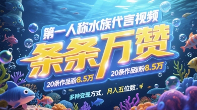 第一人称水族代言视频，条条万赞，20条作品涨粉7.8W，多种变现方式月入五位数-新手副业项目