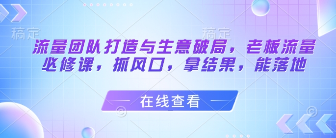 流量团队打造与生意破局，老板流量必修课，抓风口，拿结果，能落地-新手副业项目