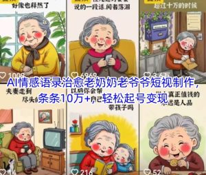 AI情感语录治愈老奶奶老爷爷短视制作，条条10万+，轻松起号变现-新手副业项目