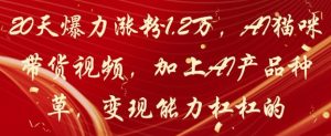20天爆力涨粉1.2W，AI猫咪带货视频，加上AI产品种草，变现能力杠杠的-新手副业项目