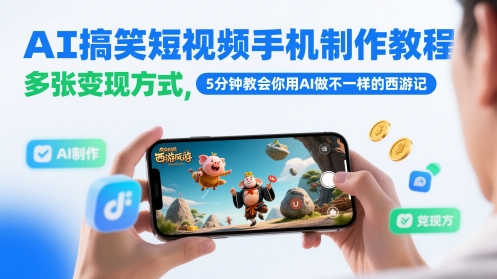 AI搞笑短视频手机制作教程，多张变现方式，5分钟教会你用AI做不一样的西游记-新手副业项目