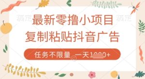 最新零撸小项目，复制粘贴抖音广告即可挣钱，平台大水，任务不限量，一天数张【揭秘】-新手副业项目