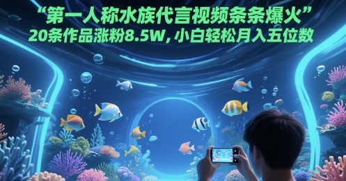 第一人称水族代言视频条条爆火，20条作品涨粉8.5W，小白轻松月入五位数-新手副业项目