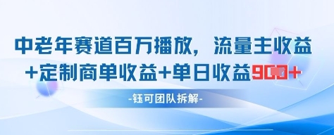 中老年赛道百万播放+流量主收益+定制收益，单日收益9张-新手副业项目