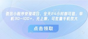 微信小程序变现项目，全天24小时都可做，单机30-100+，无上限，可批量手机放大-新手副业项目
