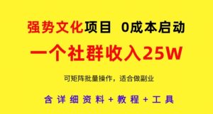 强势文化项目，一个社群收入25个W，0成本启动，可矩阵批量操作，原创详细实操教程-新手副业项目