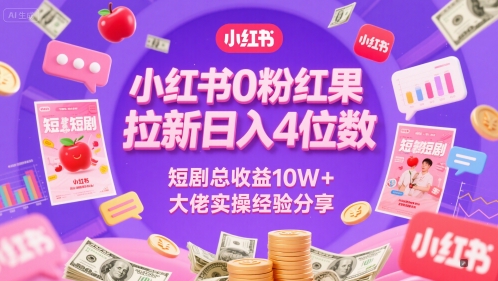 小红书0粉红果短剧拉新日入4位，数短剧总收益10W+大佬实操经验分享-新手副业项目