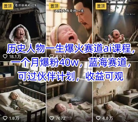 历史人物一生爆火赛道ai课程，一个月爆粉40w，蓝海赛道，可过伙伴计划，收益可观-新手副业项目