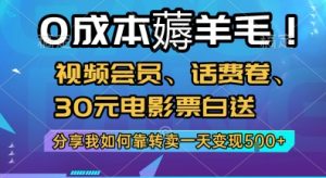0成本薅羊毛!视频会员、话费卷、30元电影票白送，分享我如何靠转卖一天变现5张+【揭秘】-新手副业项目