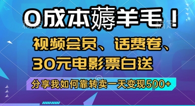 0成本薅羊毛!视频会员、话费卷、30元电影票白送，分享我如何靠转卖一天变现5张+【揭秘】-新手副业项目