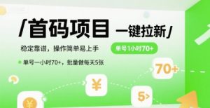 首码一键拉新项目，稳定靠谱，操作简单易上手，单号一小时70+，批量做每天5张【揭秘】-新手副业项目
