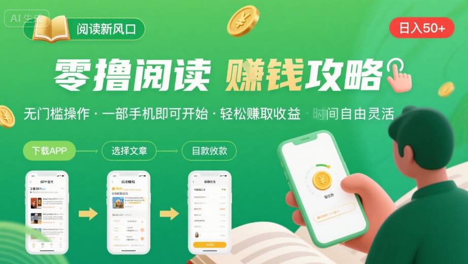 零撸阅读新风口，无门槛轻松挣，一部手机，日入 50-3张【揭秘】-新手副业项目
