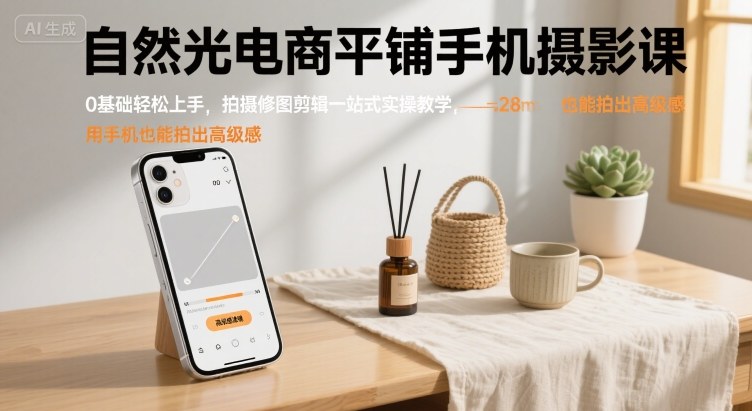 自然光电商平铺手机摄影课，0基础轻松上手，拍摄修图剪辑一站式实操教学，用手机也能拍出高级感-新手副业项目