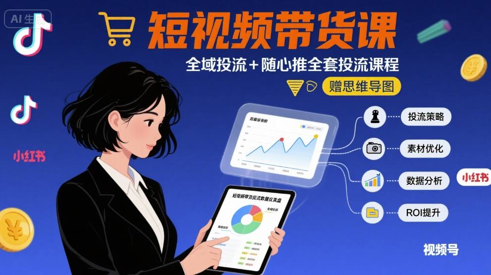 最新短视频带货课，全域投流+随心推全套投流课程+思维导图-新手副业项目