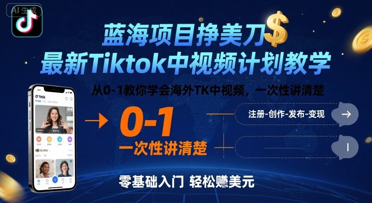 蓝海项目挣美刀，最新Tiktok中视频计划教学，从0-1教你学会海外TK中视频，一次性讲清楚-新手副业项目